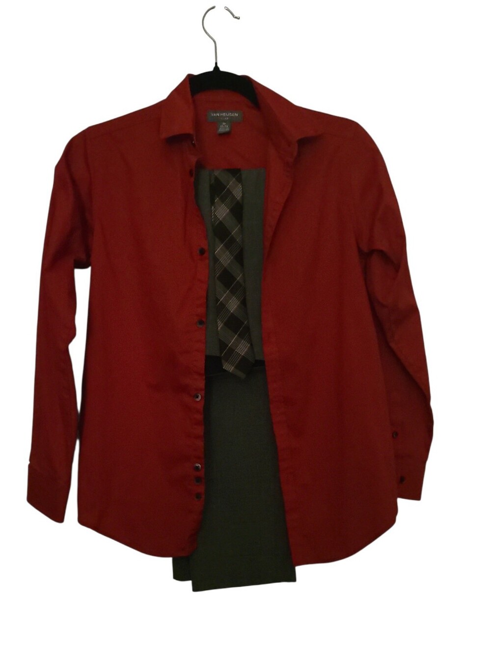 Van Heusen Boys Red Long-Sleeve Button-Up Shirt Slacks & Tie Set Sz M 10 / 12